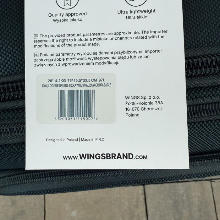 Валіза тканинна велика на 4 колесах Wings 1708 L Зелений